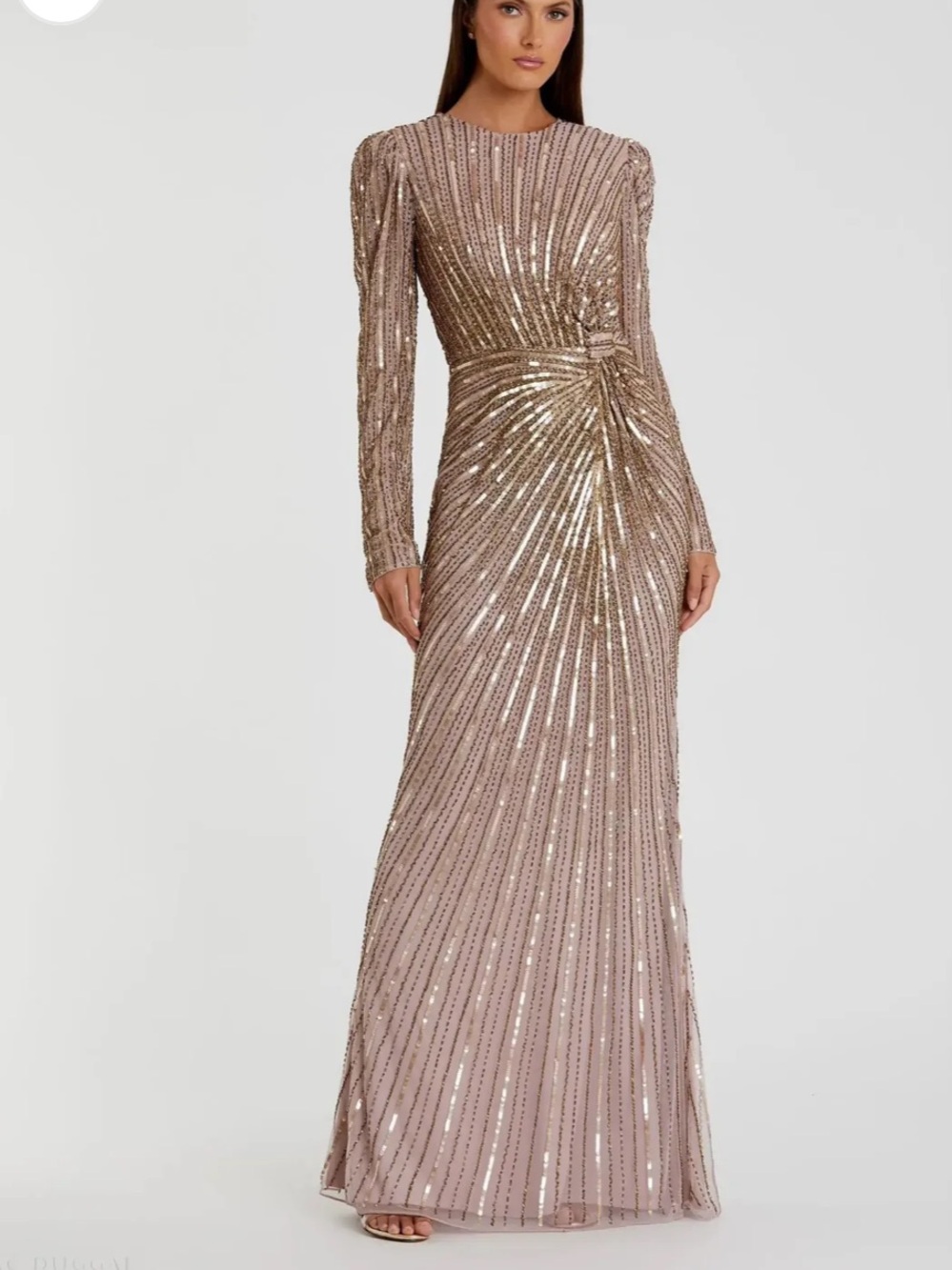 NWOT Mac Duggal mauve twist waist sequin gown